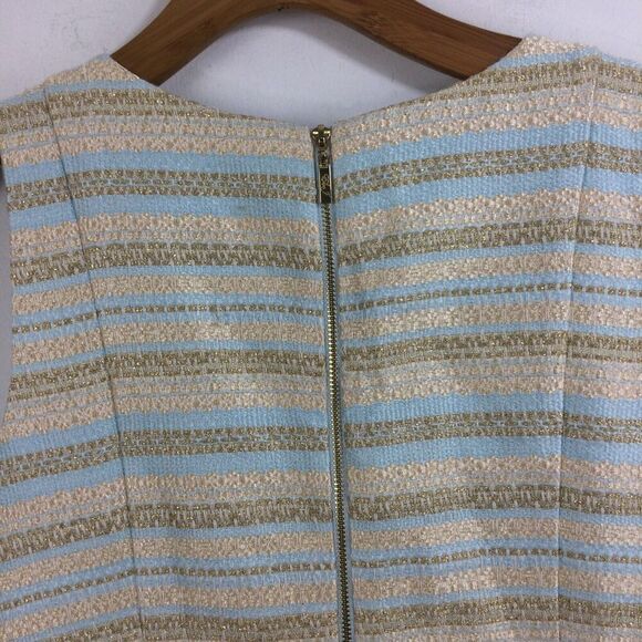 Eliza J Striped Tweed Dress Cream Blue Gold Metallic Shimmer Size 14 - Picture 4 of 10